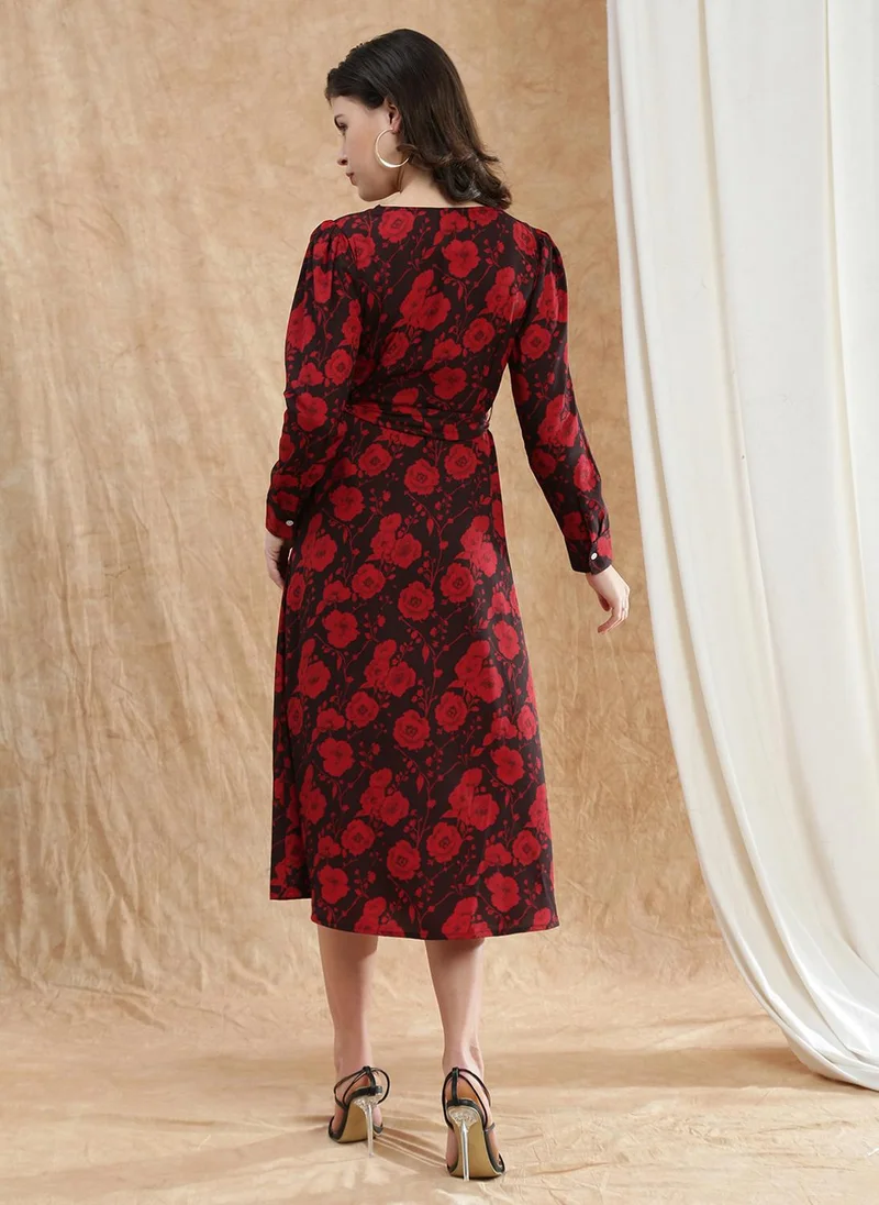 globus Globus Women Red Cowl Neck Cuffed Sleeves Floral Print Front Slit Midi A-Line Dress With Belt